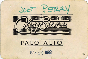 Backstage pass for Joe Perry Project @ Keystone Palo Alto, 1983